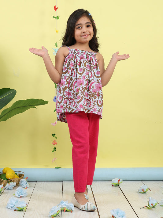 Pink sleeveless Top with white  pant