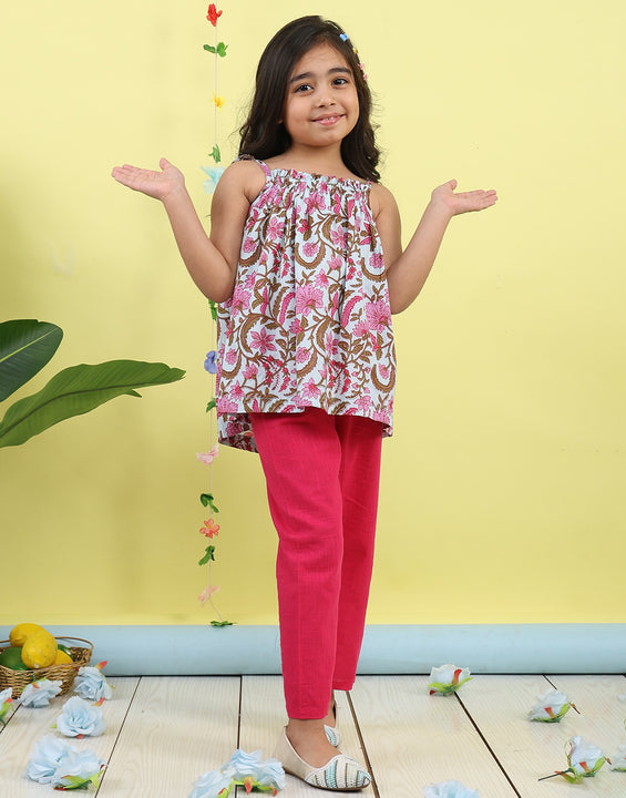 Pink sleeveless Top with white  pant