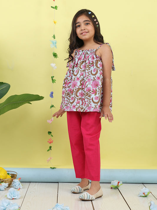 Pink sleeveless Top with white  pant