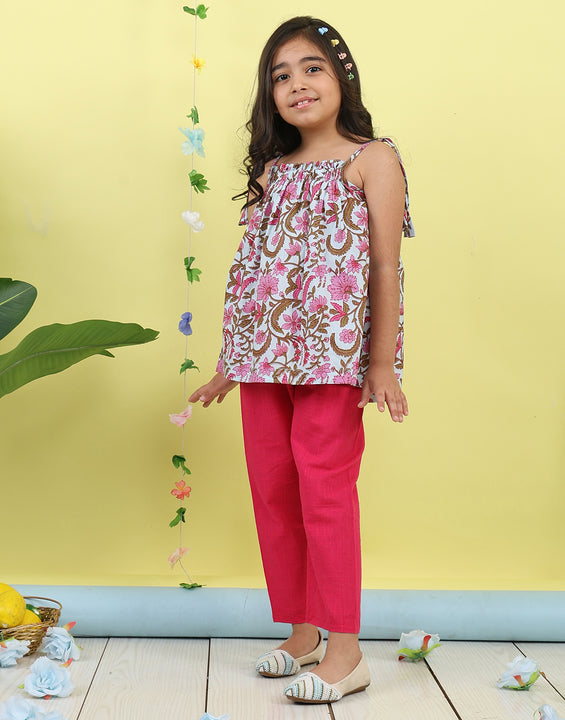 Pink sleeveless Top with white  pant