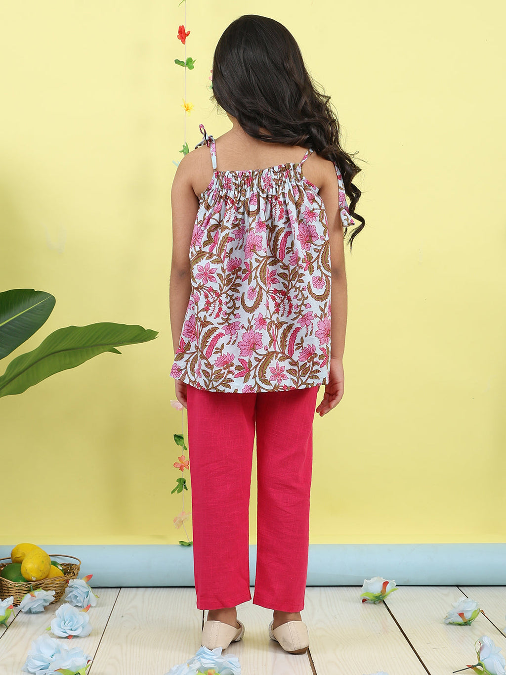Pink sleeveless Top with white  pant