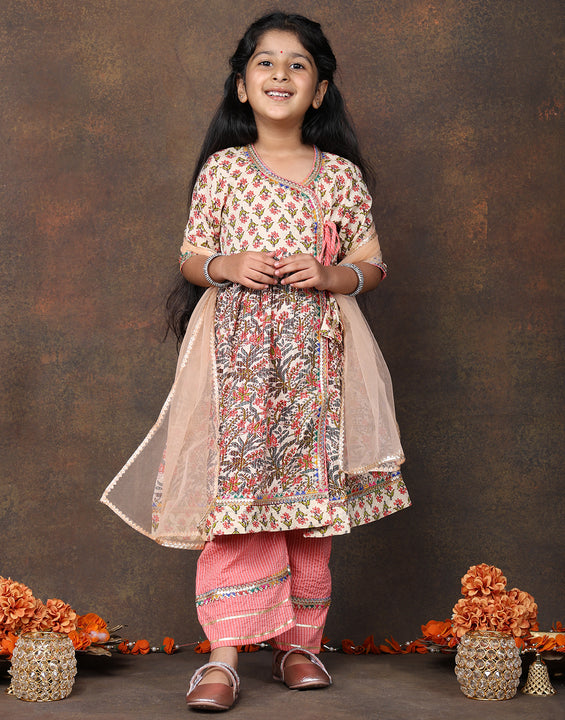 Peach 3/4 sleeves printed cotton Angrakha Kurti  paired with Peach Plazo pant and dupatta
