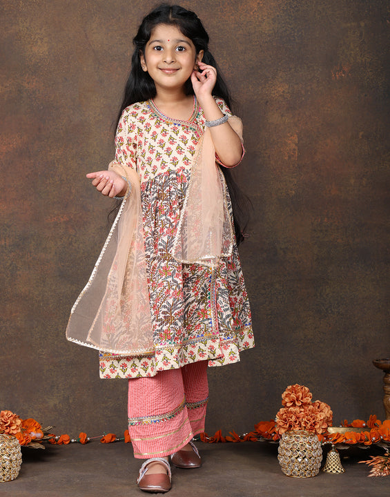 Peach 3/4 sleeves printed cotton Angrakha Kurti  paired with Peach Plazo pant and dupatta