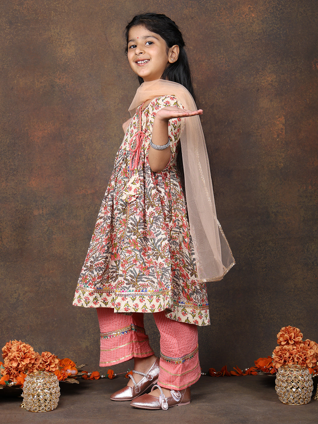 Peach 3/4 sleeves printed cotton Angrakha Kurti  paired with Peach Plazo pant and dupatta