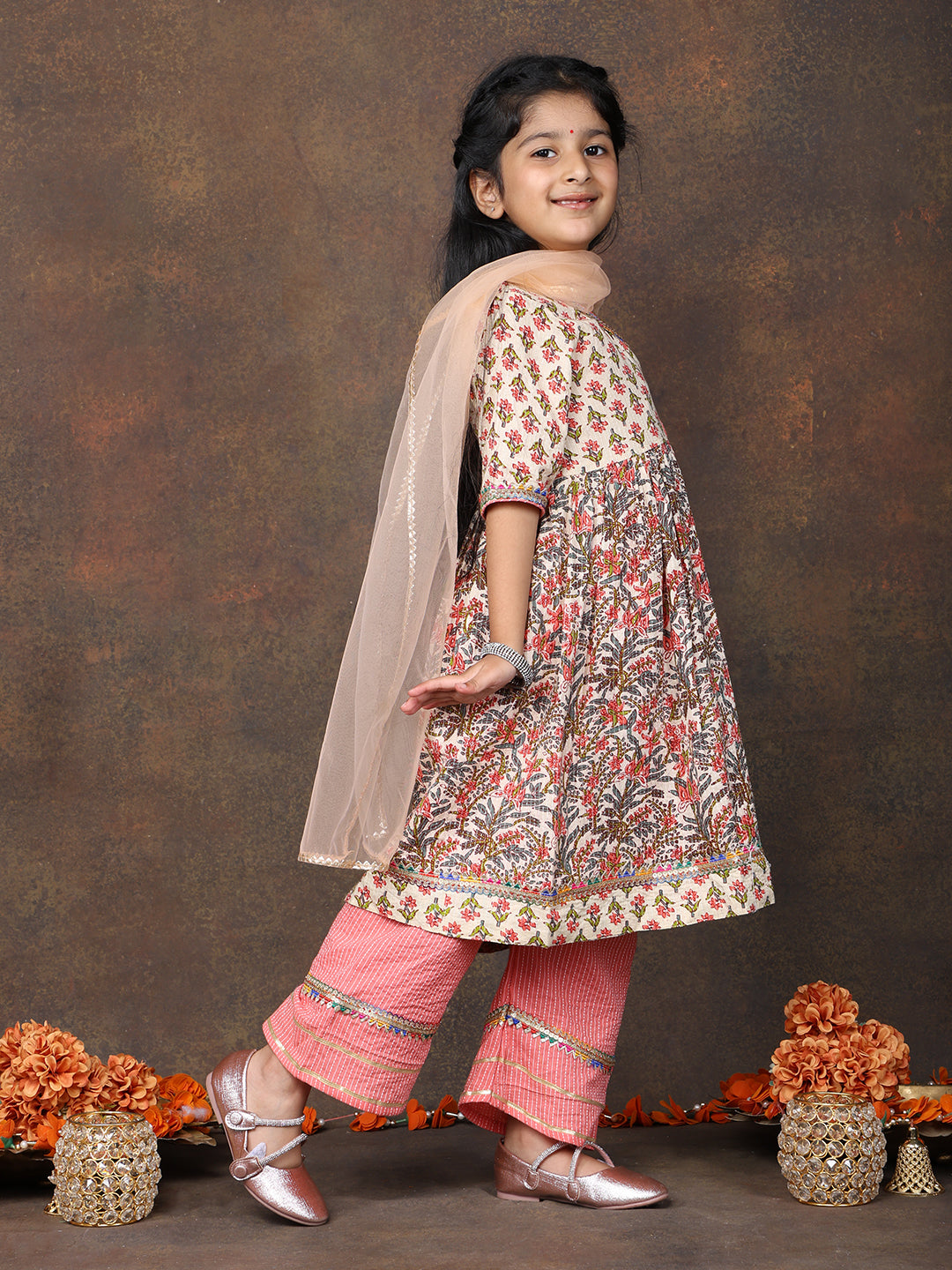 Peach 3/4 sleeves printed cotton Angrakha Kurti  paired with Peach Plazo pant and dupatta