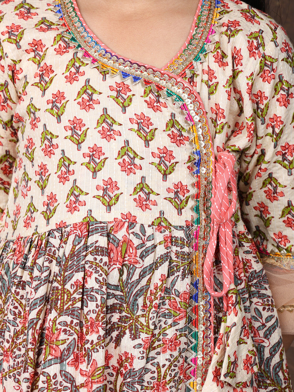 Peach 3/4 sleeves printed cotton Angrakha Kurti  paired with Peach Plazo pant and dupatta