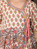 Peach 3/4 sleeves printed cotton Angrakha Kurti  paired with Peach Plazo pant and dupatta