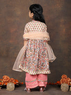 Peach 3/4 sleeves printed cotton Angrakha Kurti  paired with Peach Plazo pant and dupatta