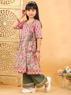 Pink floral angrakha Kurti with green pant
