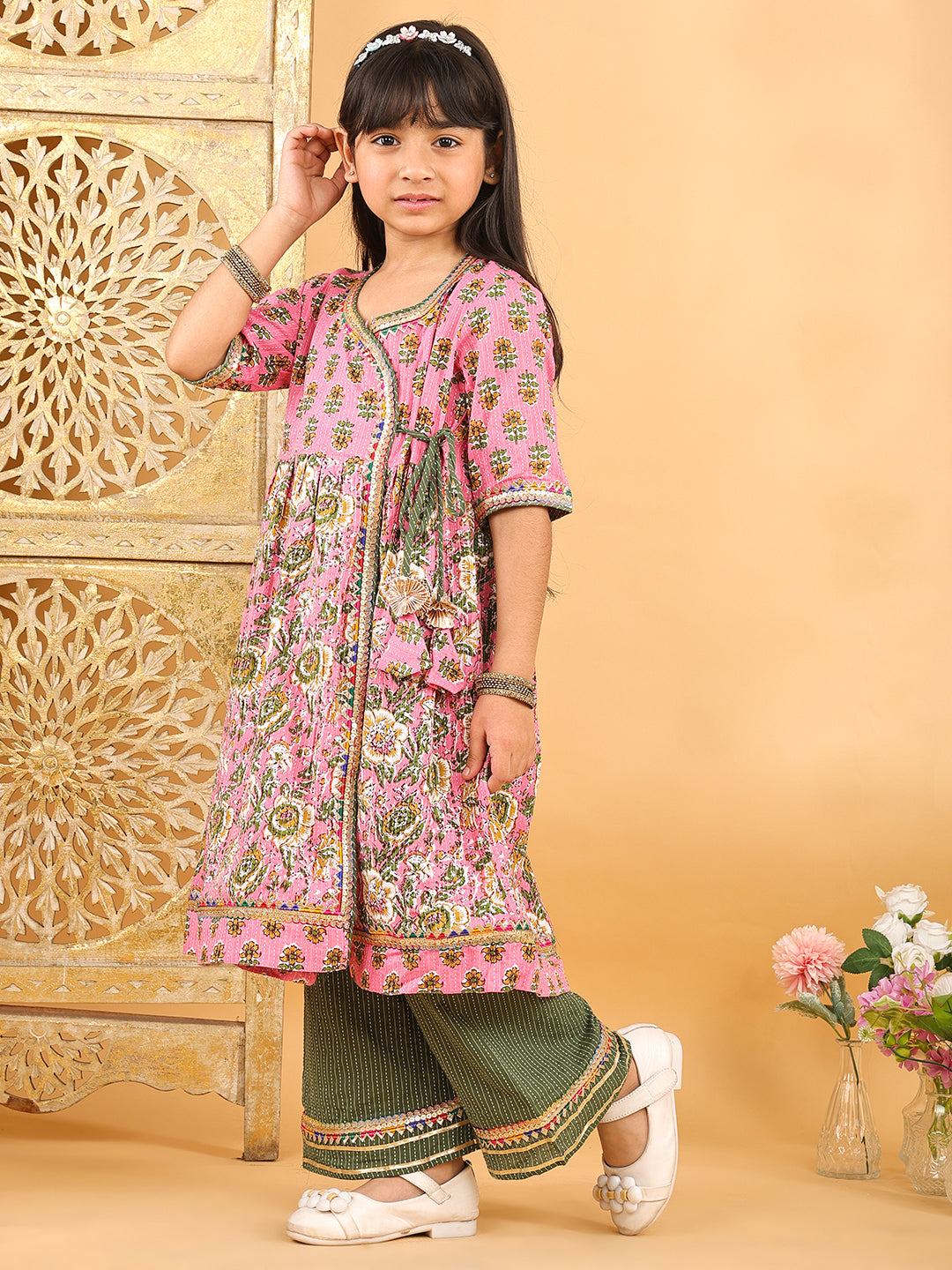 Pink floral angrakha Kurti with green pant