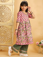 Pink floral angrakha Kurti with green pant