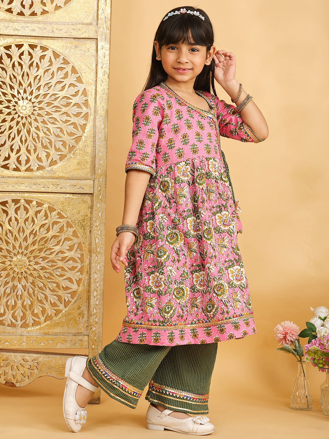 Pink floral angrakha Kurti with green pant