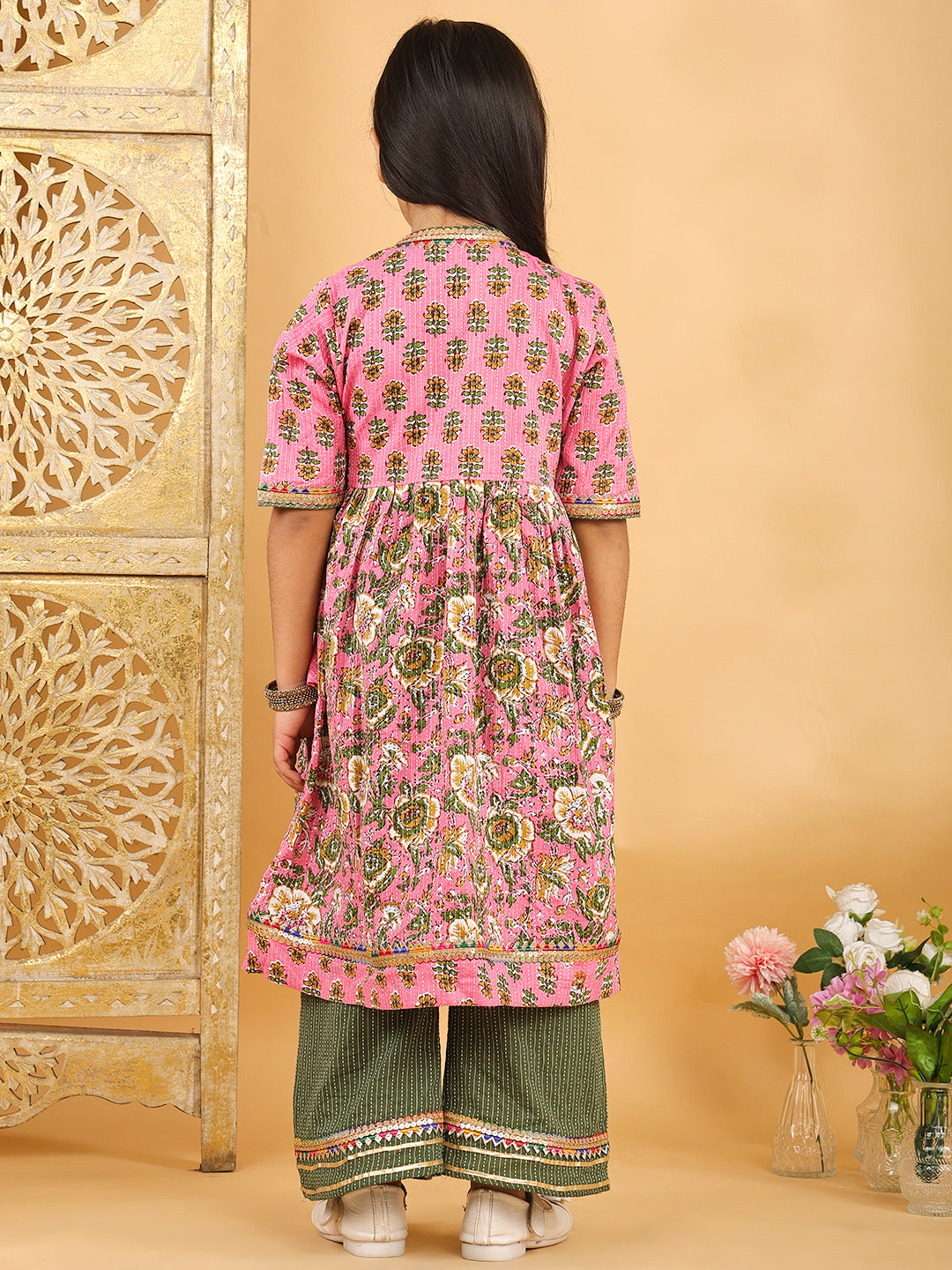 Pink floral angrakha Kurti with green pant