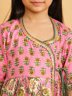 Pink floral angrakha Kurti with green pant