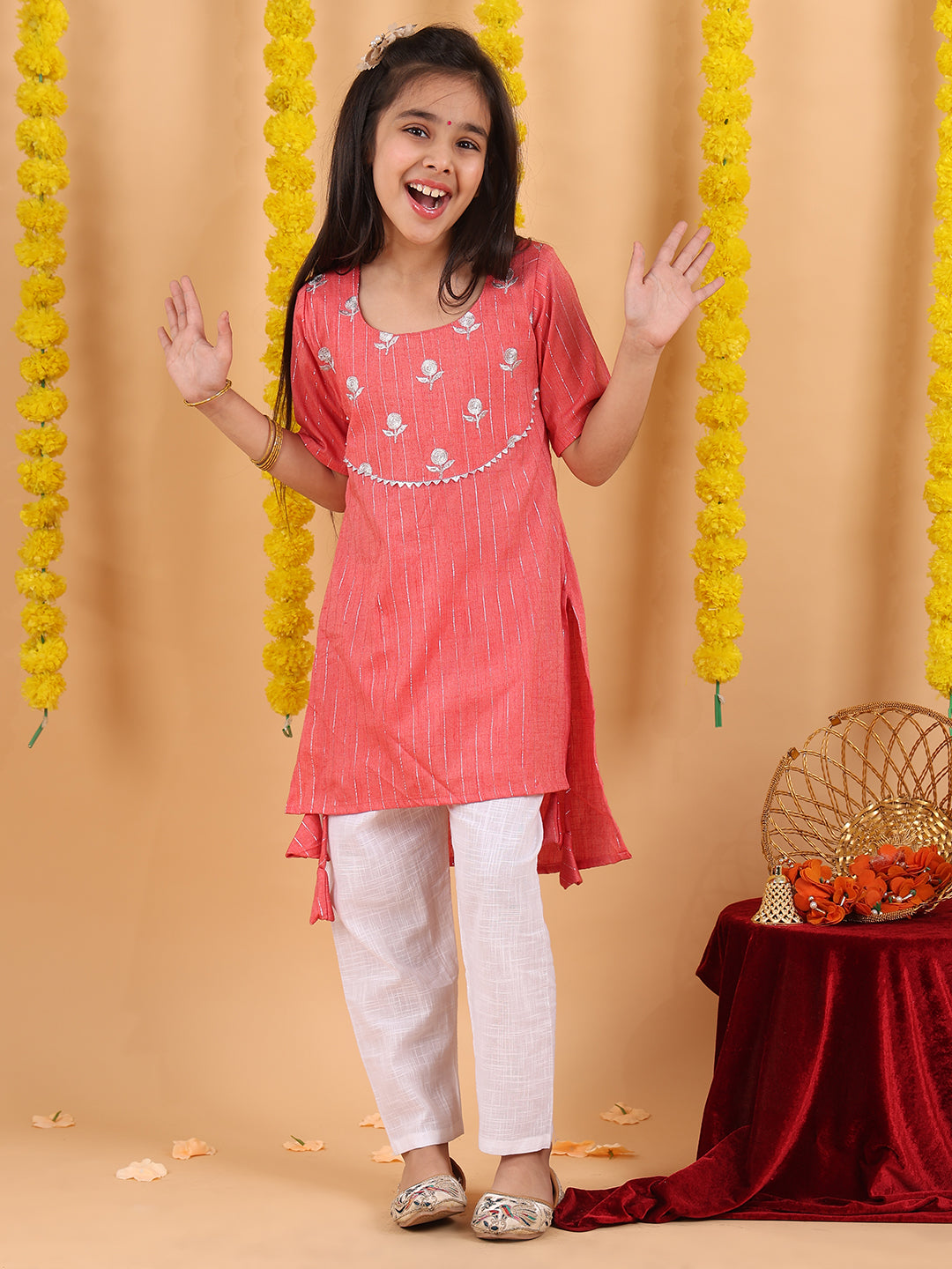 Peach embroidered 3/4 sleeves Kurti with white pant