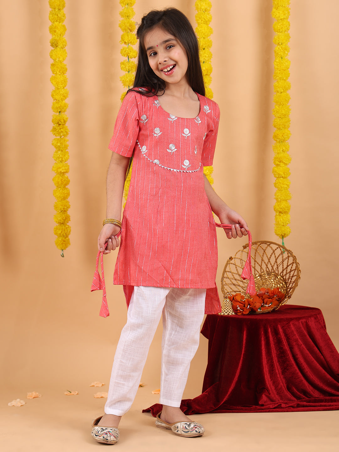 Peach embroidered 3/4 sleeves Kurti with white pant