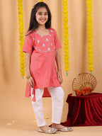 Peach embroidered 3/4 sleeves Kurti with white pant