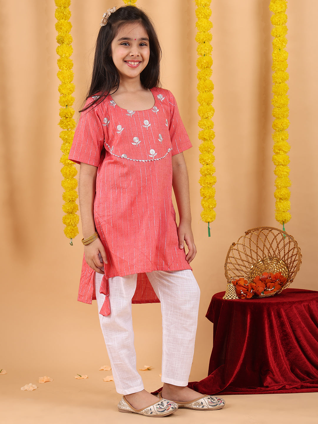 Peach embroidered 3/4 sleeves Kurti with white pant