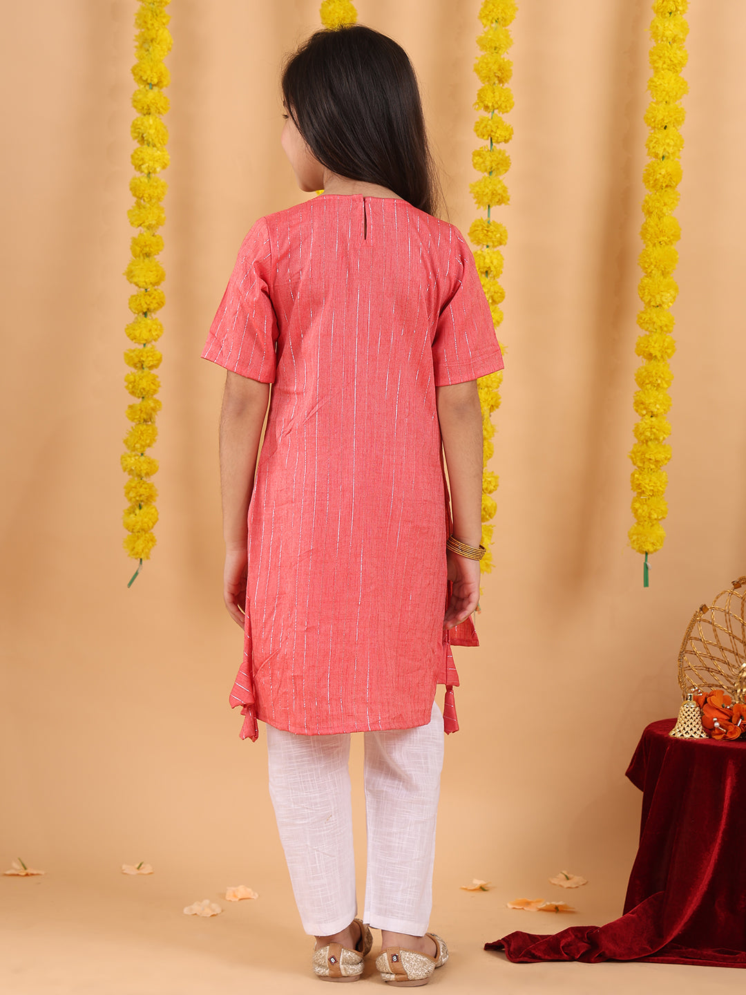 Peach embroidered 3/4 sleeves Kurti with white pant