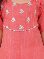 Peach embroidered 3/4 sleeves Kurti with white pant
