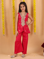 Pink embroidered lace work Kurti with pant