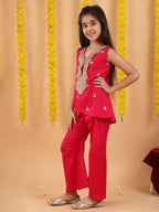 Pink embroidered lace work Kurti with pant