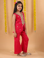 Pink embroidered lace work Kurti with pant