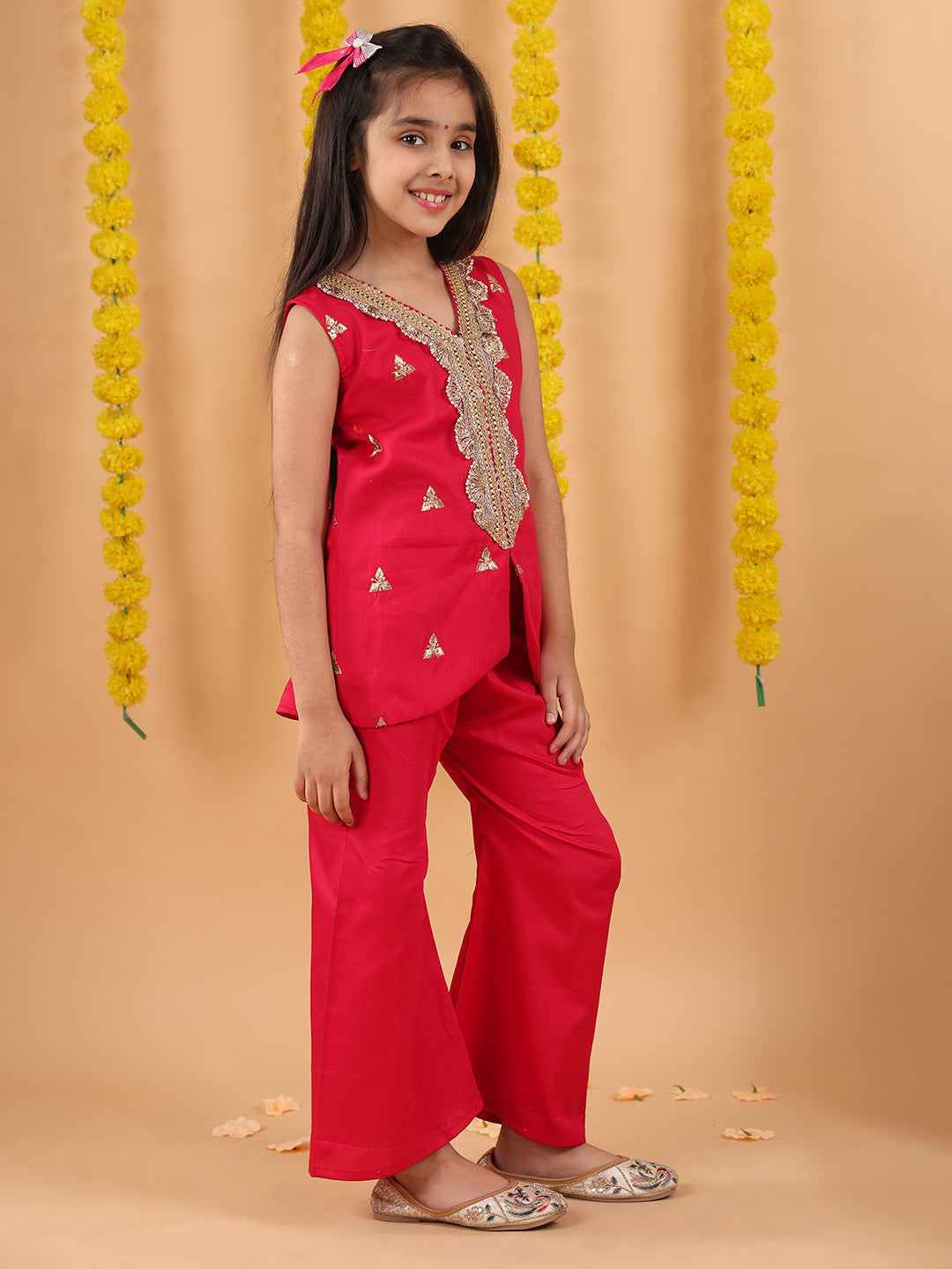 Pink embroidered lace work Kurti with pant