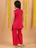 Pink embroidered lace work Kurti with pant