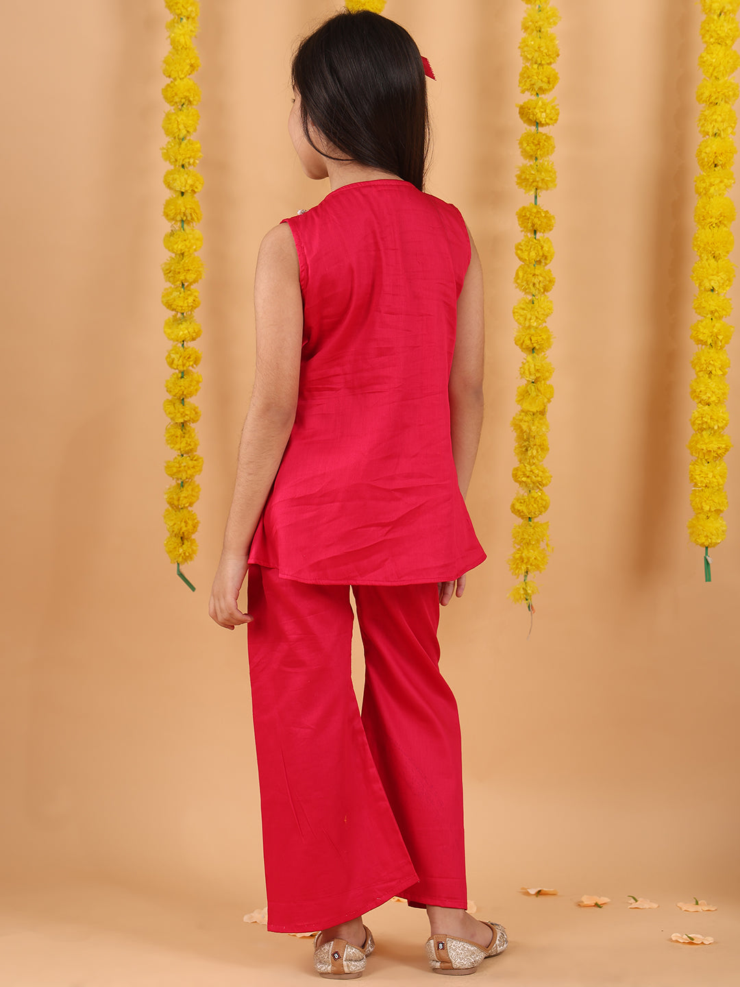 Pink embroidered lace work Kurti with pant