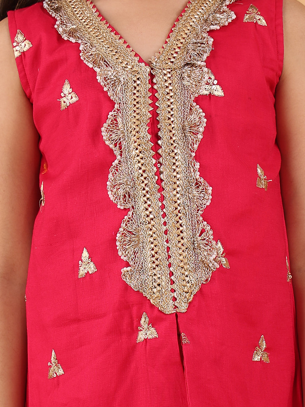 Pink embroidered lace work Kurti with pant