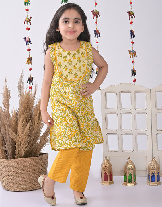 Yellow & Green Floral Kurti Set