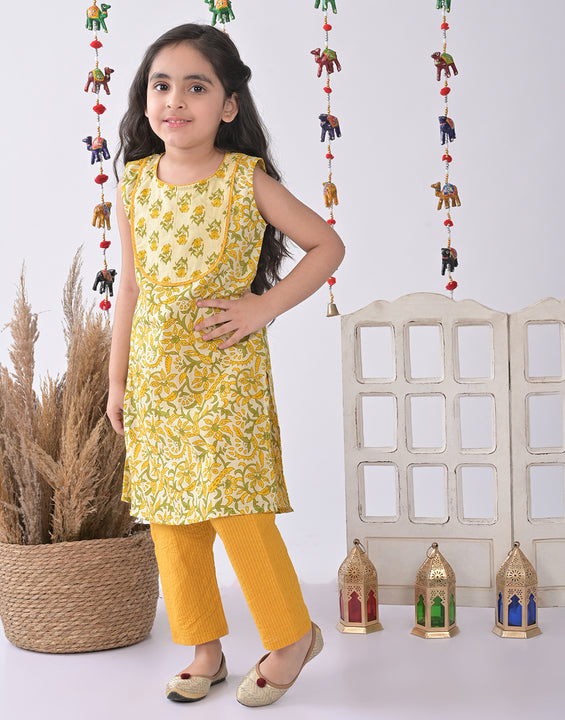 Yellow & Green Floral Kurti Set