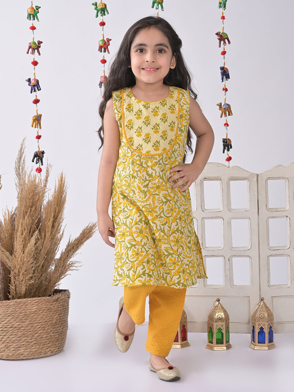 Yellow & Green Floral Kurti Set