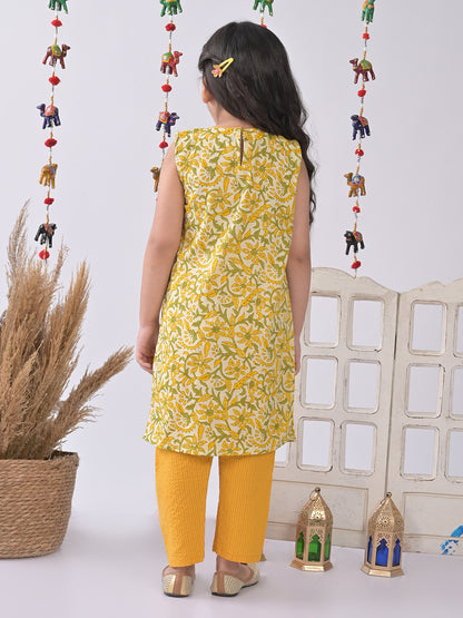 Yellow & Green Floral Kurti paried with yellow plazo