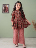 Brown Floral 3/4 sleeves short kurti with stripped printed pant