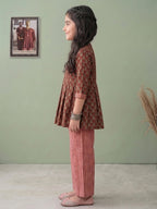 Brown Floral 3/4 sleeves short kurti with stripped printed pant