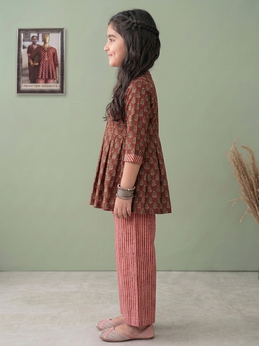 Brown Floral 3/4 sleeves short kurti with stripped printed pant