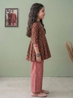 Brown Floral 3/4 sleeves short kurti with stripped printed pant