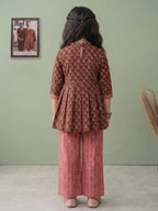 Brown Floral 3/4 sleeves short kurti with stripped printed pant