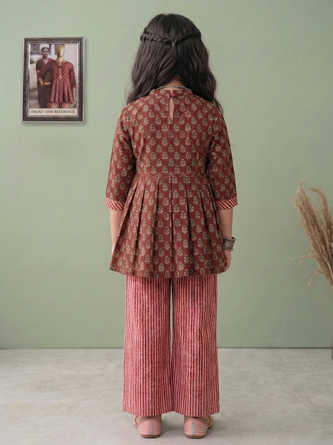 Brown Floral 3/4 sleeves short kurti with stripped printed pant