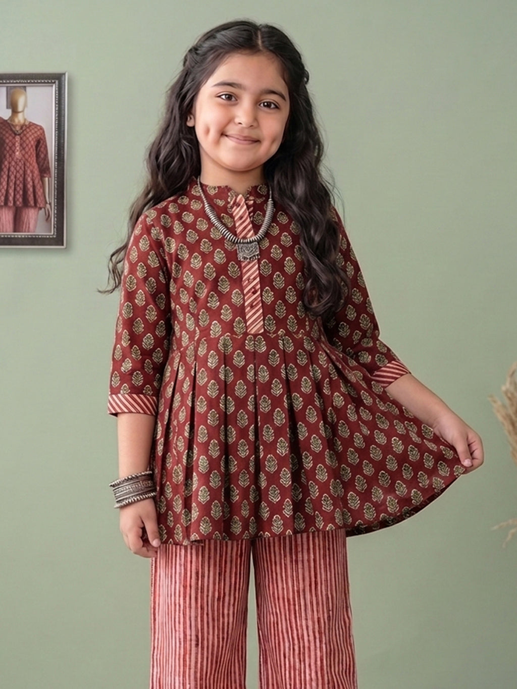 Brown Floral 3/4 sleeves short kurti with stripped printed pant