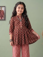 Brown Floral 3/4 sleeves short kurti with stripped printed pant