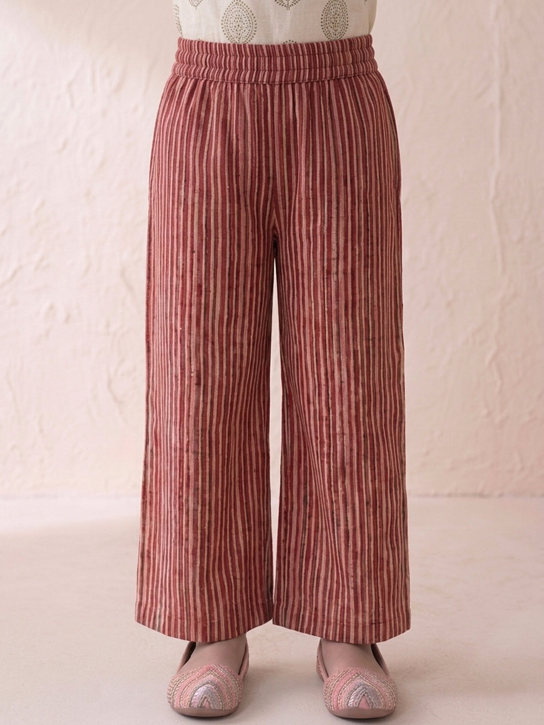 Red Floral 3/4 sleeves short kurti with stripped printed pant