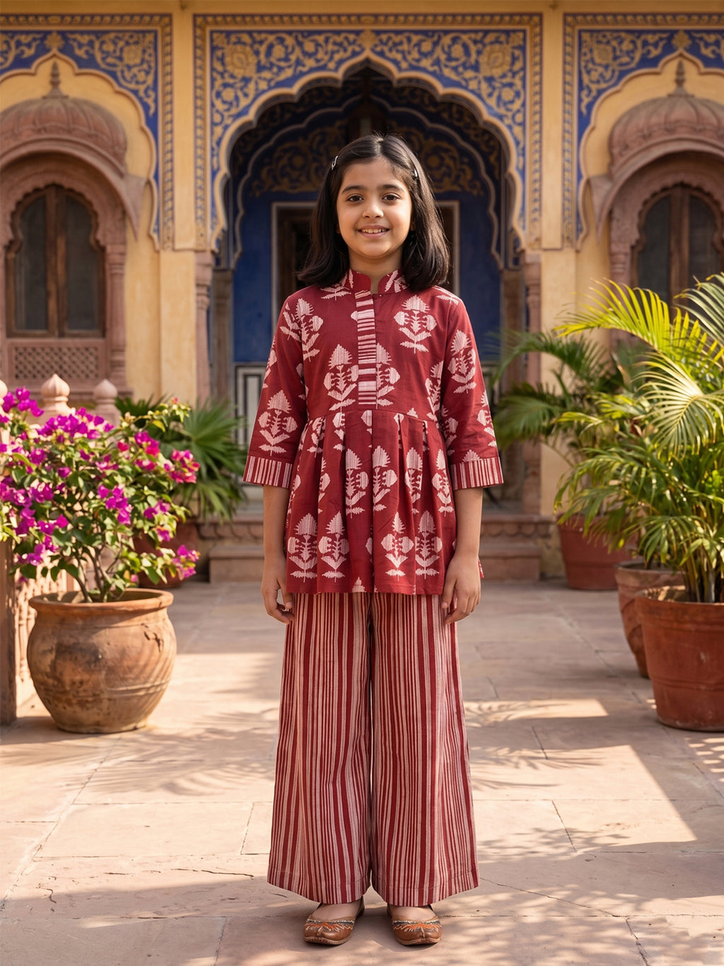 Red Floral 3/4 sleeves short kurti with stripped printed pant