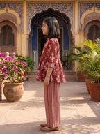 Red Floral 3/4 sleeves short kurti with stripped printed pant