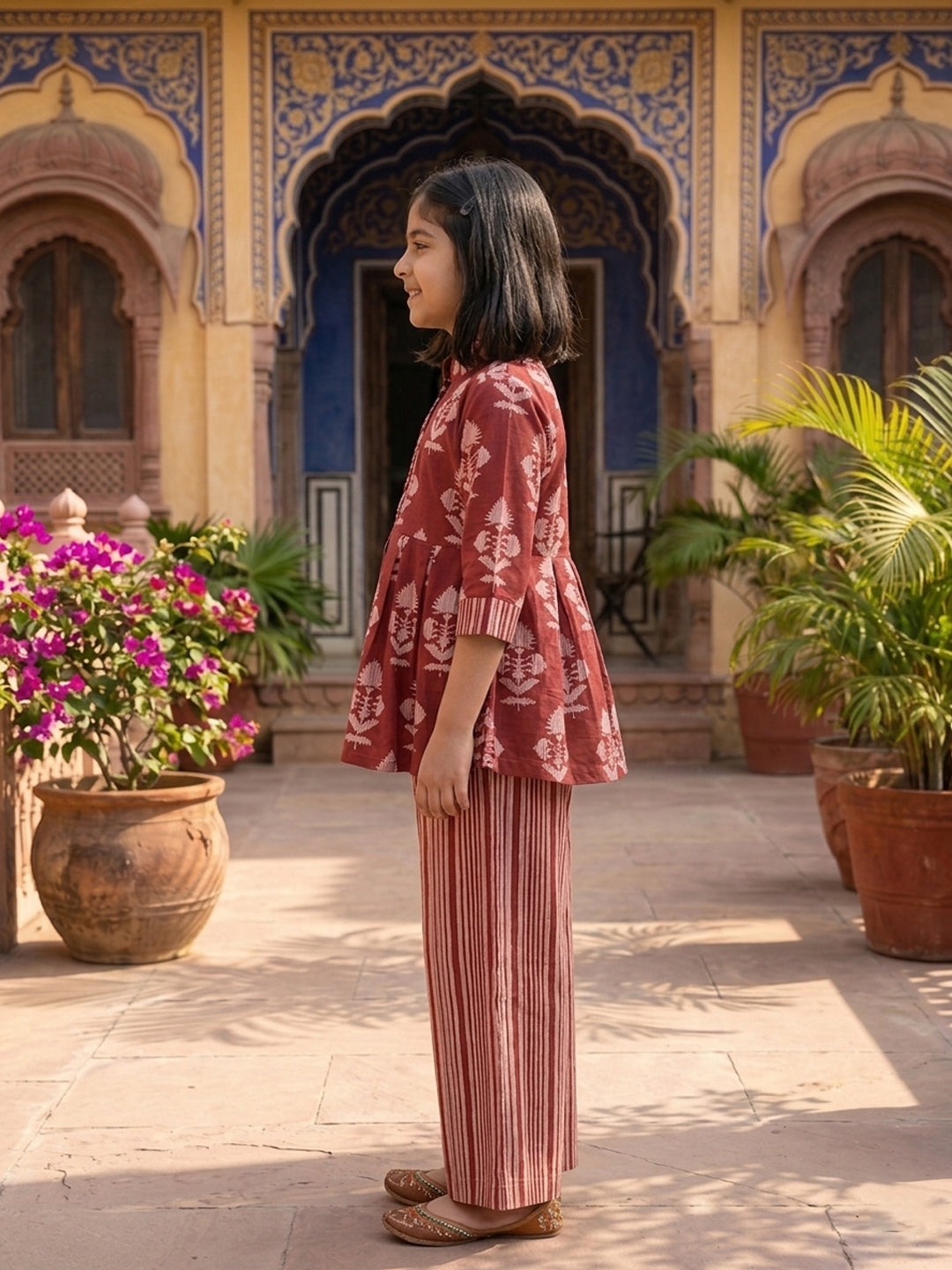Red Floral 3/4 sleeves short kurti with stripped printed pant