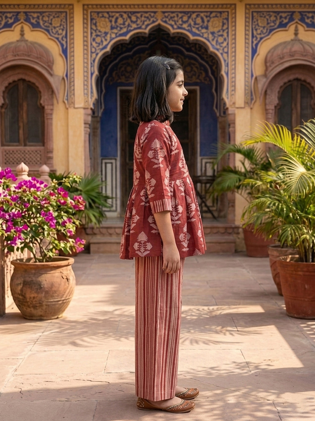 Red Floral 3/4 sleeves short kurti with stripped printed pant