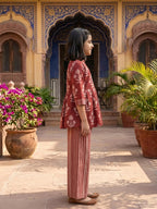 Red Floral 3/4 sleeves short kurti with stripped printed pant