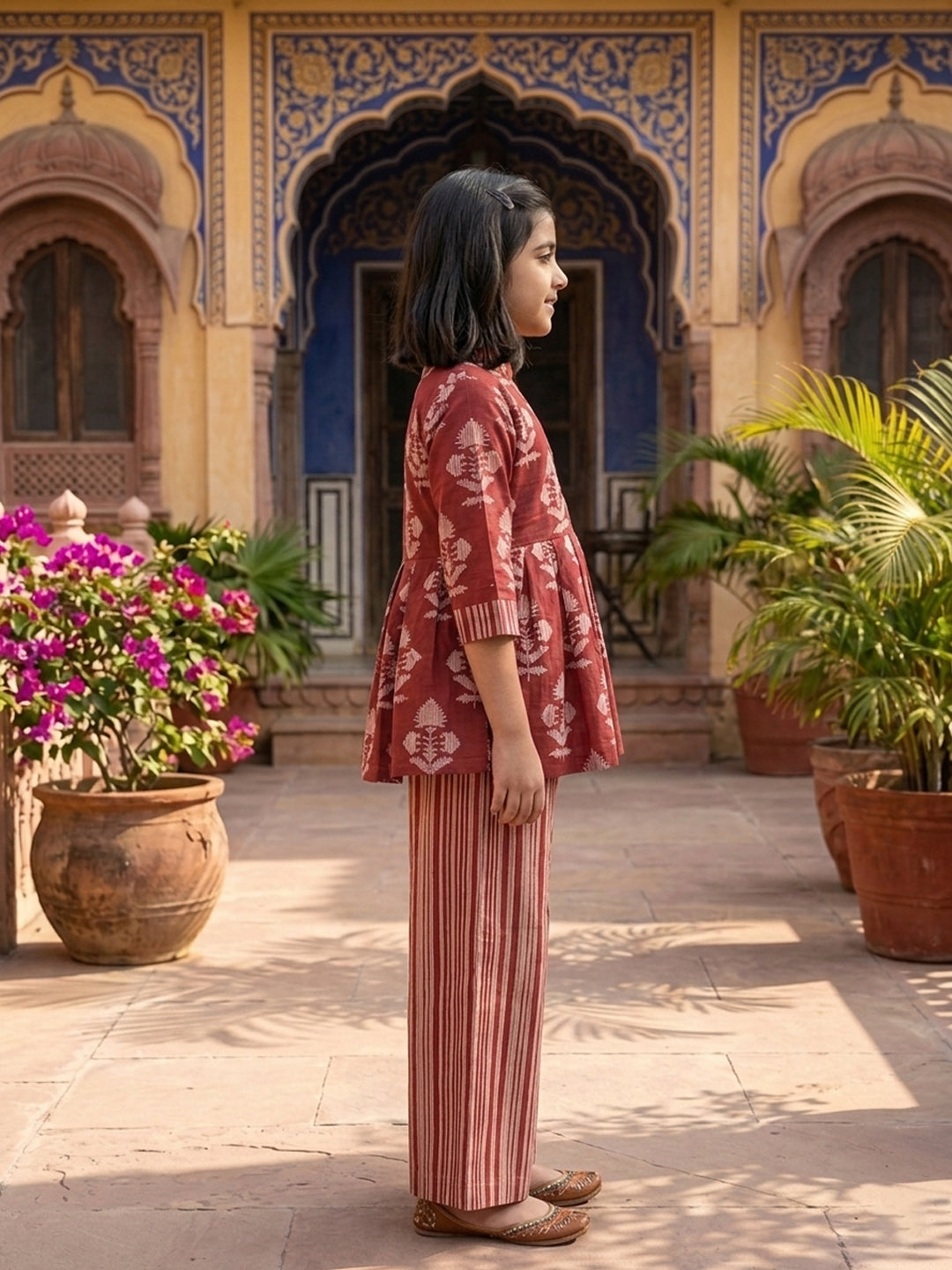 Red Floral 3/4 sleeves short kurti with stripped printed pant